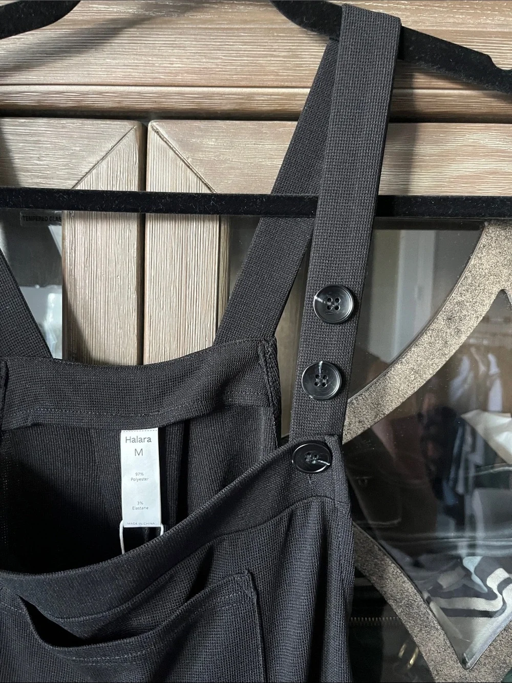 HALARA Black Mini Pinafore Dress with Button Straps
